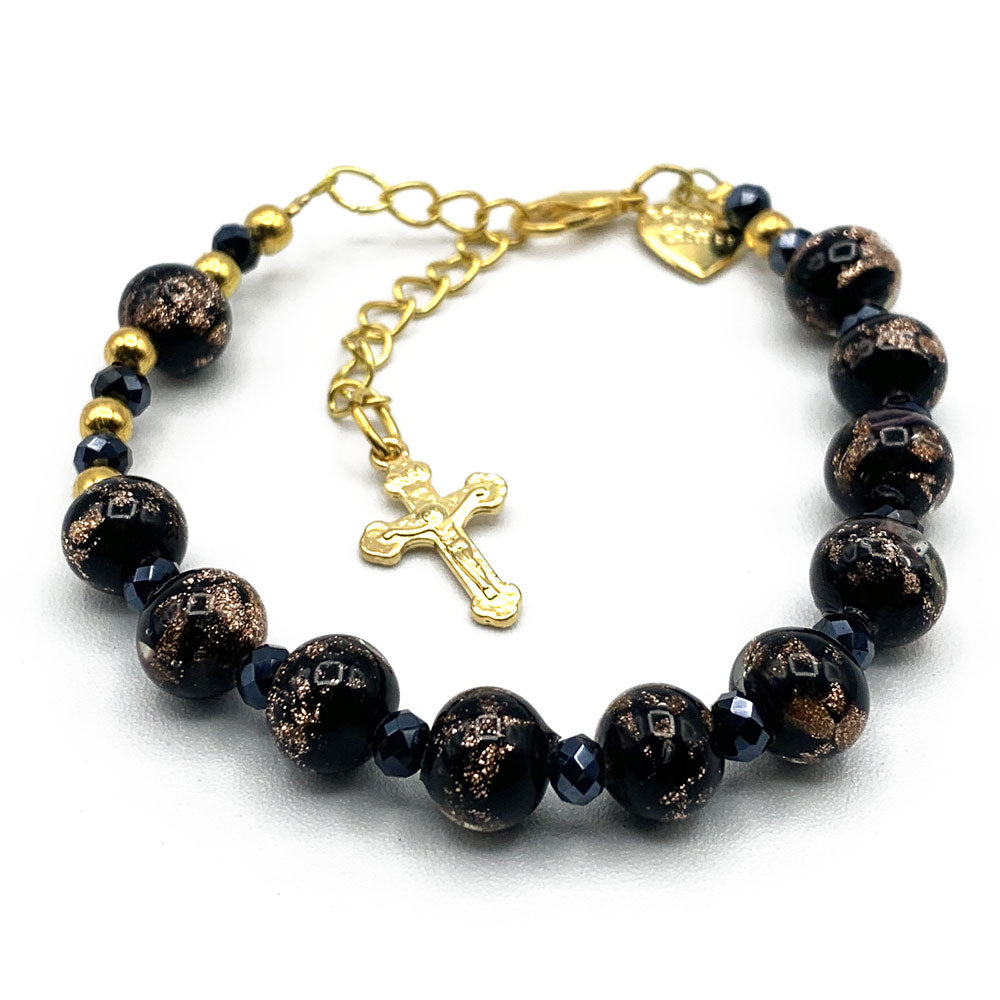 Murano Glass Bracelet, Gold Tone Crucifix and Black Beads