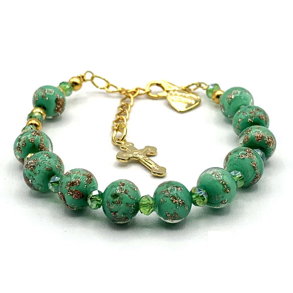 Murano Glass Bracelet, Gold Tone Crucifix and Green Beads