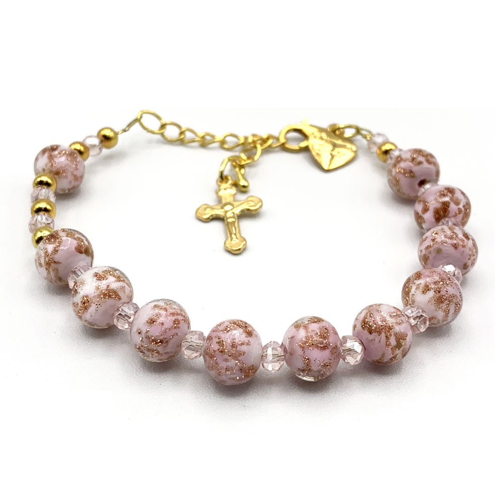 Murano Glass Bracelet, Gold Tone Crucifix and Pink Beads