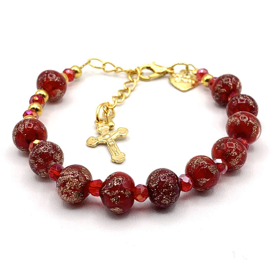 Murano Glass Bracelet, Gold Tone Crucifix and Red Beads