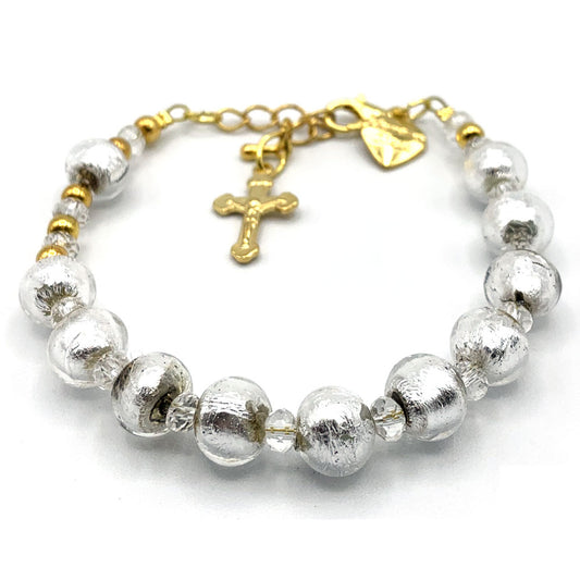 Murano Glass Bracelet, Gold Tone Crucifix and Silver Beads