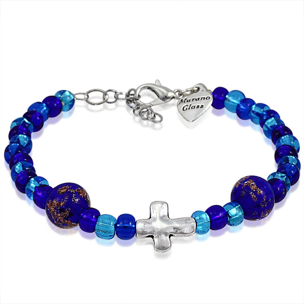 Murano Glass Bracelet, Blue Beads with Cross Charm