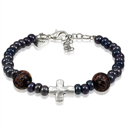 Murano Glass Bracelet, Black Beads with Cross Charm