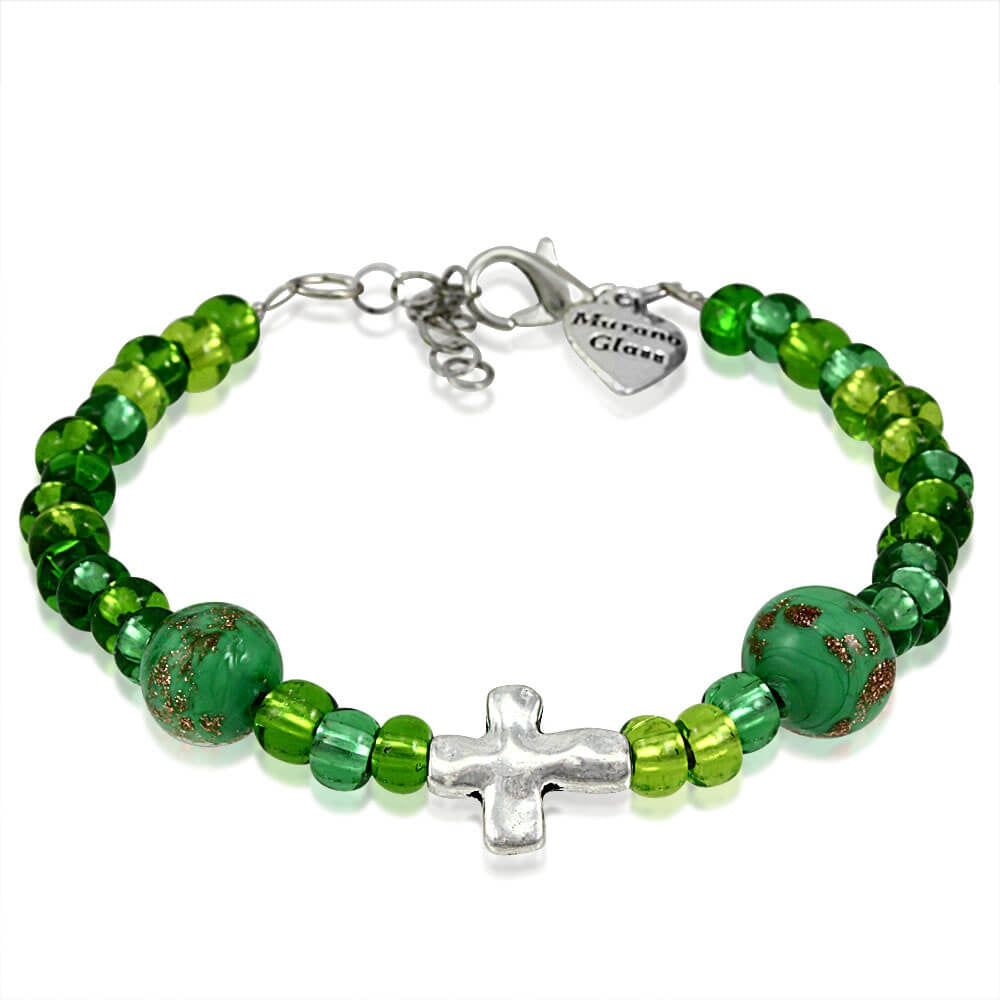 Murano Glass Bracelet, Green Beads with Cross Charm