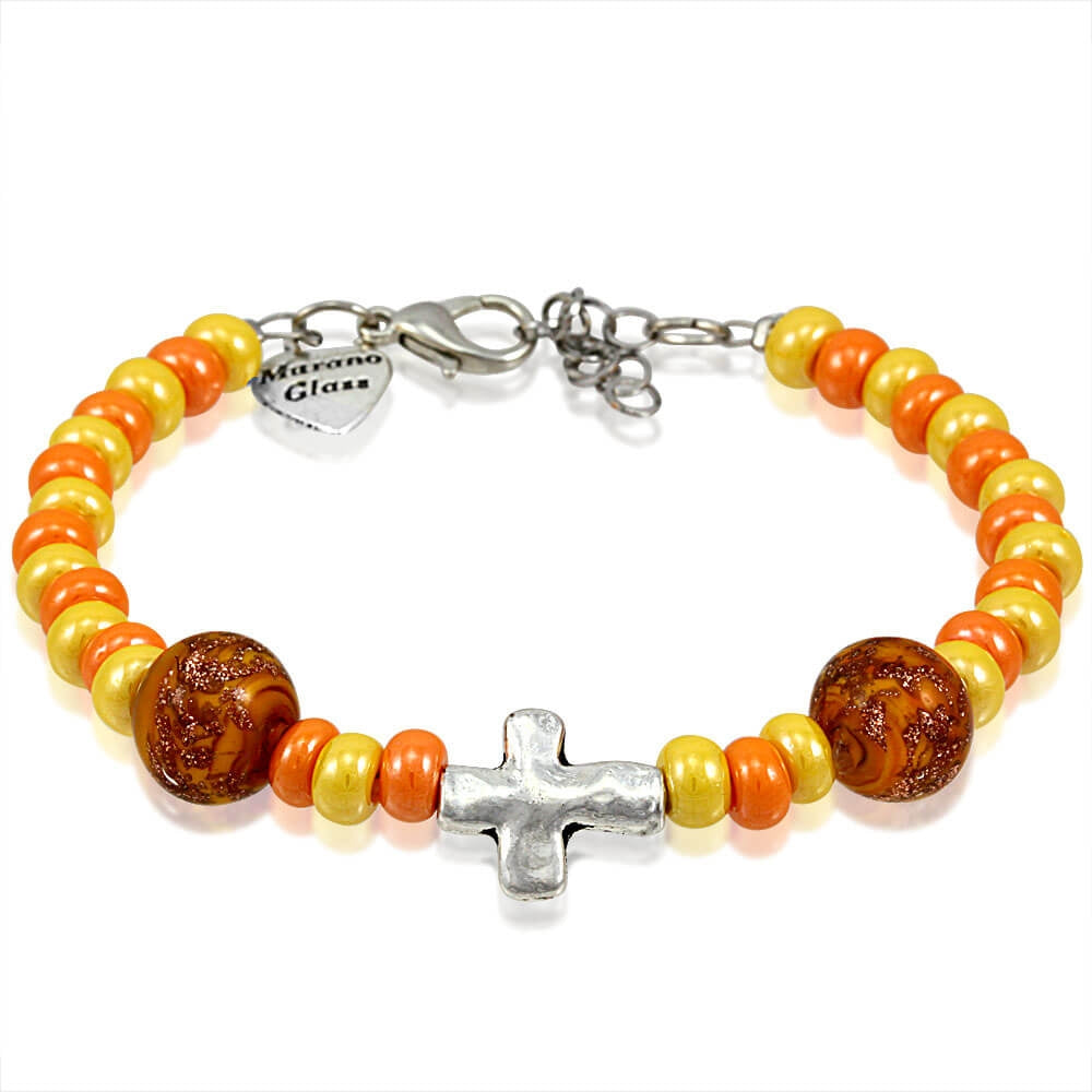 Murano Glass Bracelet, Orange Beads with Cross Charm