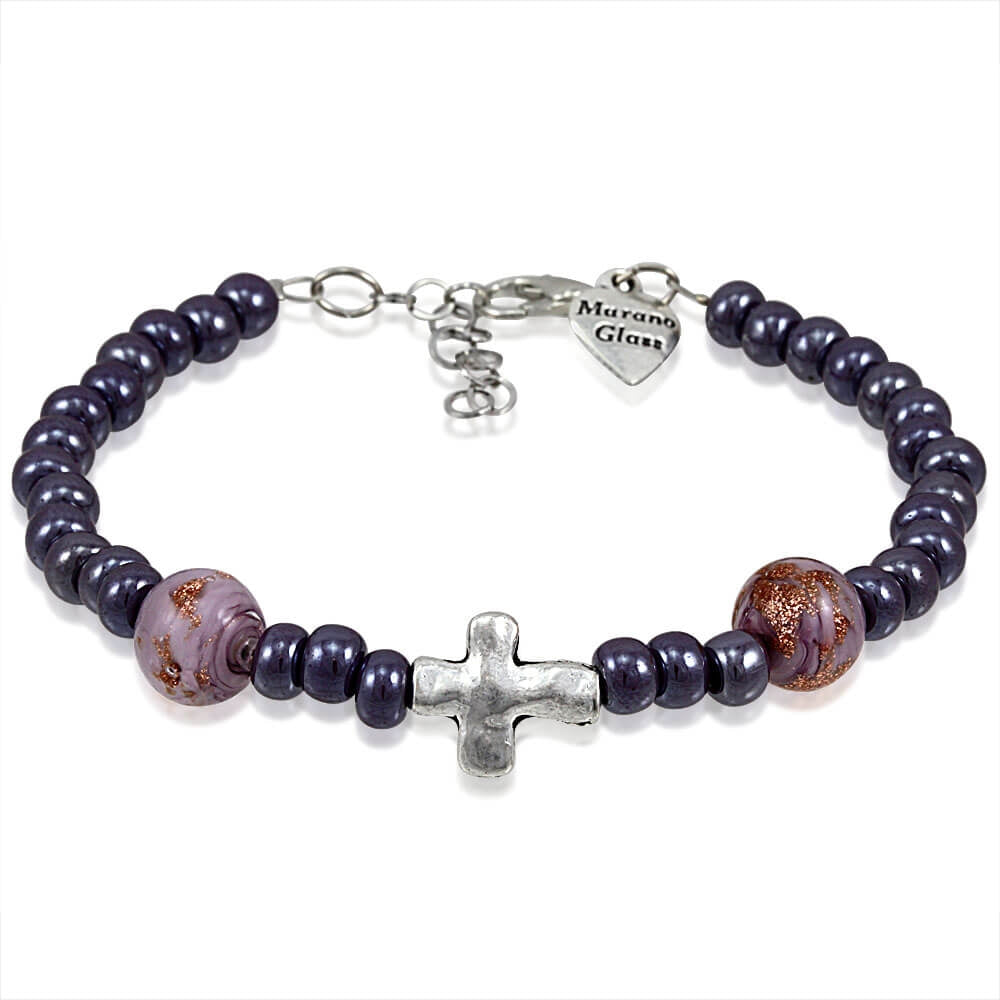 Murano Glass Bracelet, Purple Beads with Cross Charm