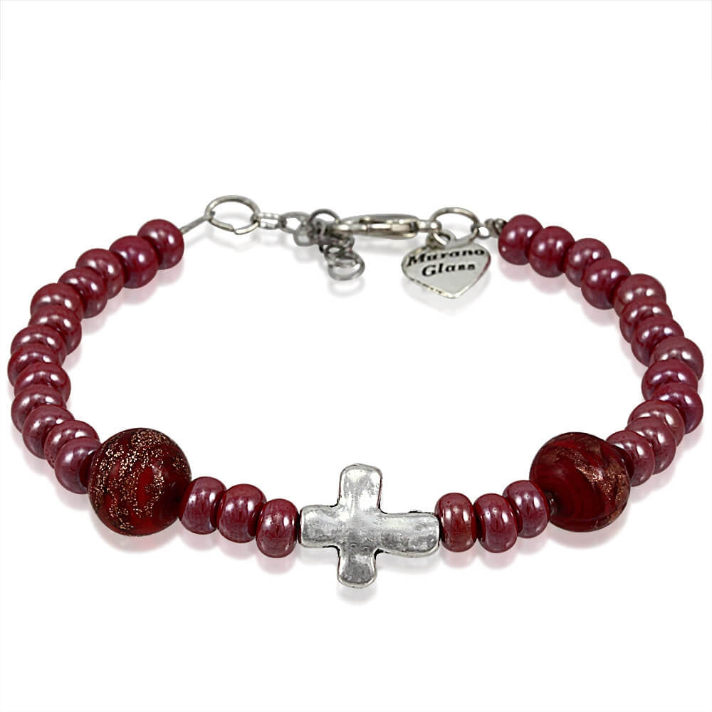 Murano Glass Bracelet, Red Beads with Cross Charm