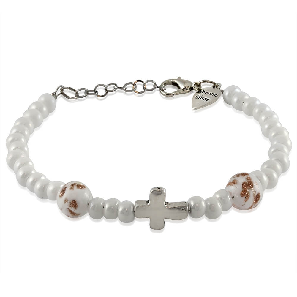 Murano Glass Bracelet, White Beads with Cross Charm