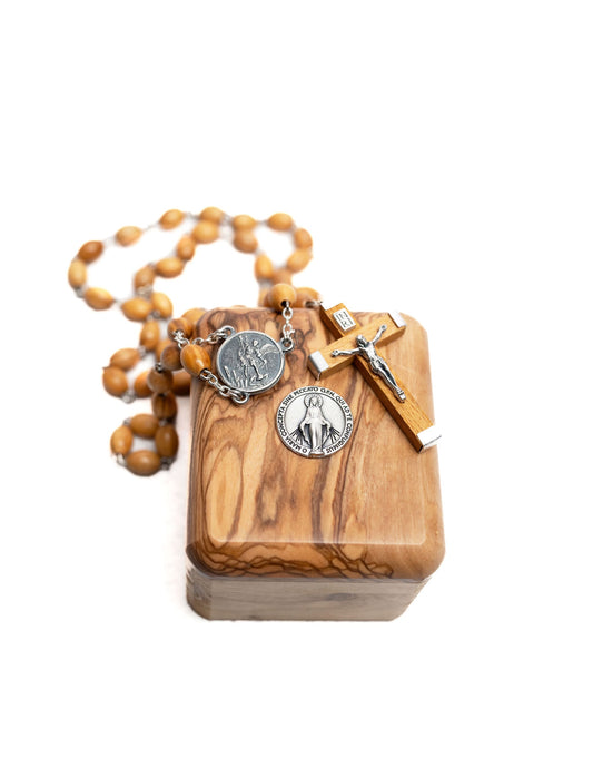 St. Michael Olive Wood Rosary and Box Gift Set