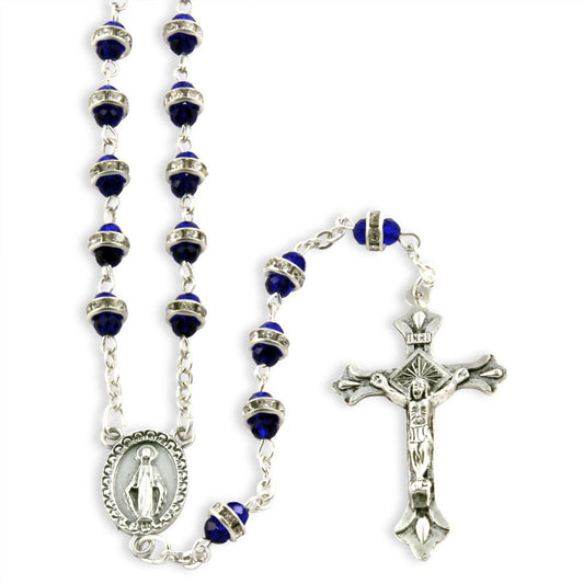 Rosary Dark Blue Crystal Beads with Strass Rondell Zirconia Miracle Medal