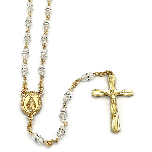 Rosary Clear Crystal Beads with Strass Rondell Zirconia Miracle Medal