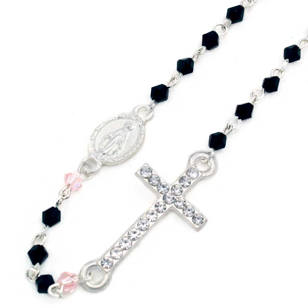 Rosary Necklace Black Glass Beads with Inline Cross
