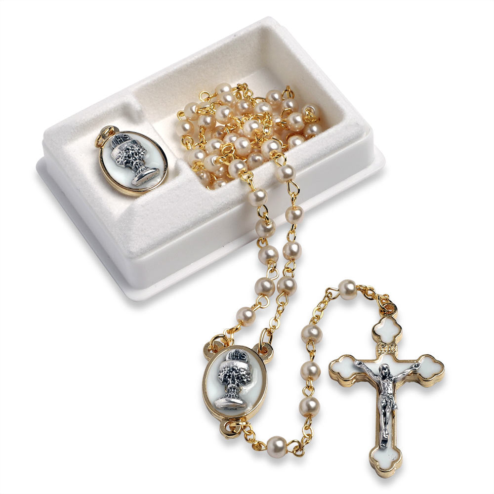 First Communion Gold Tone Rosary and Medal Gift Set for Boys and Girls