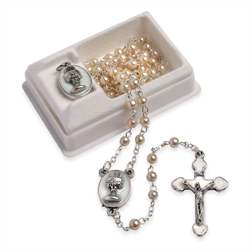 First Communion Silver Finish Rosary and Medal Gift Set for Boys and Girls
