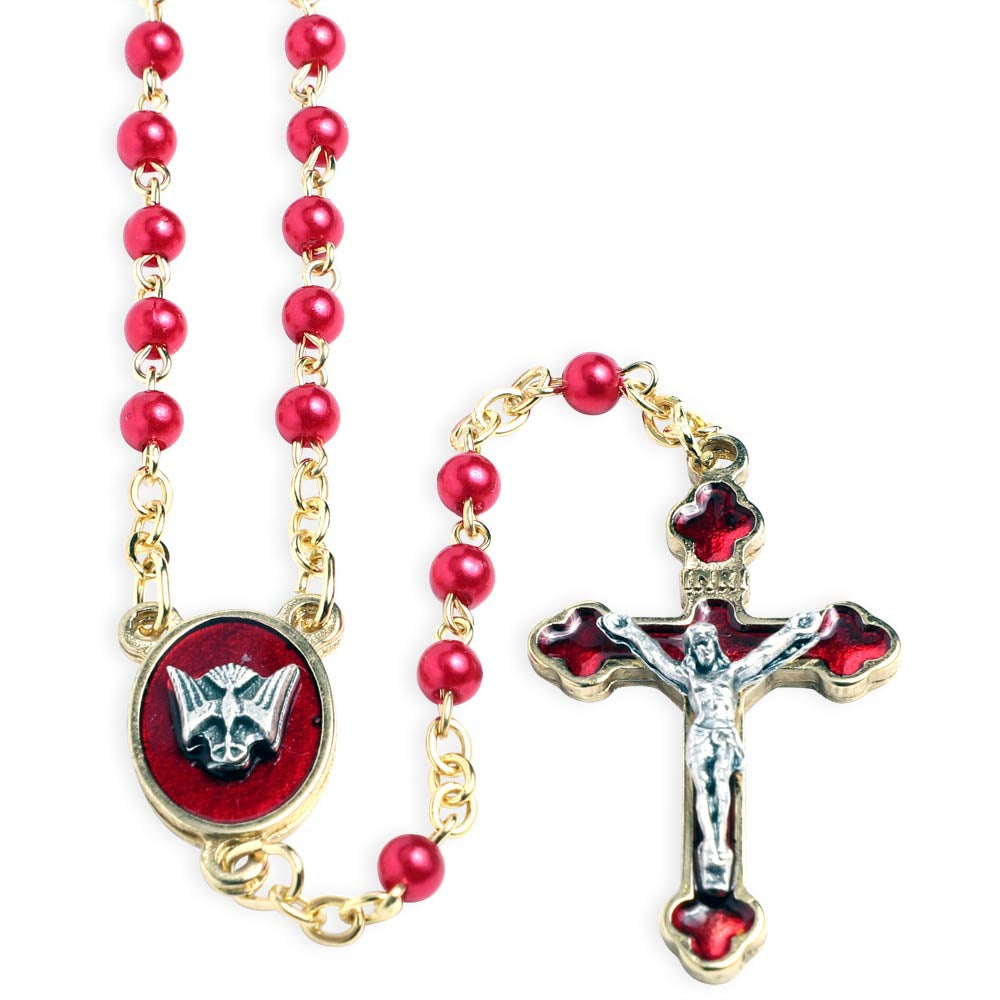 Rosary Red Glass Beads Holy Spirit