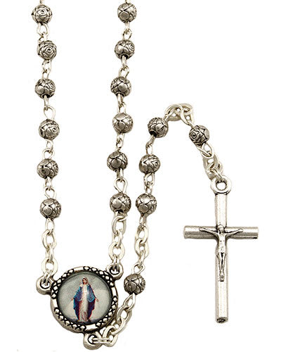 Catholic Silver Rosebud Beads Rosary