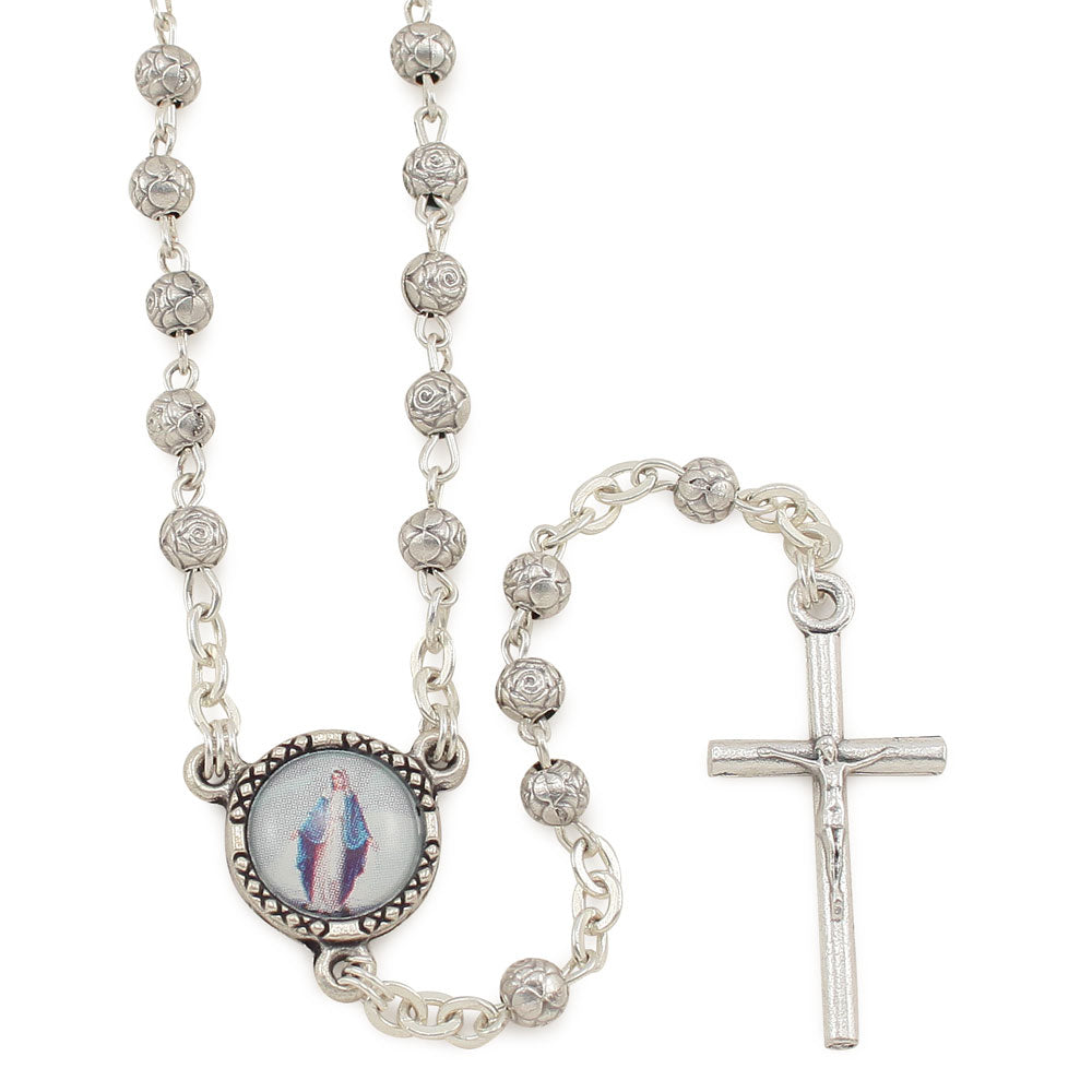 Catholic Silver Rosebud Beads Rosary