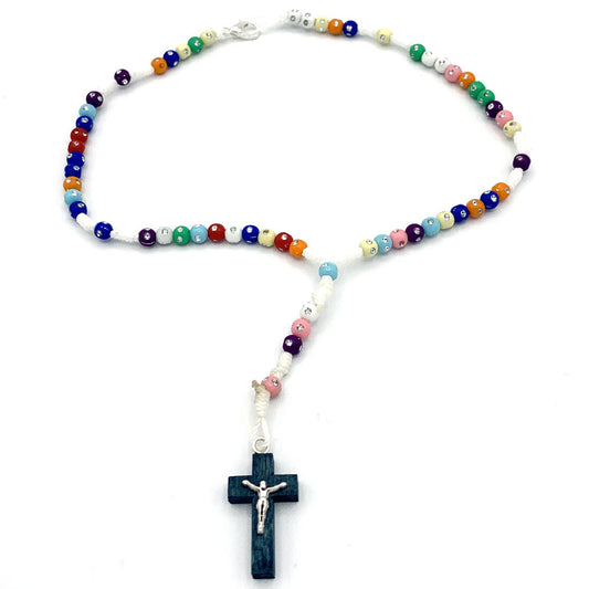 Rosary Necklace Multi-Color Plastic Beads Wooden Blue Crucifix