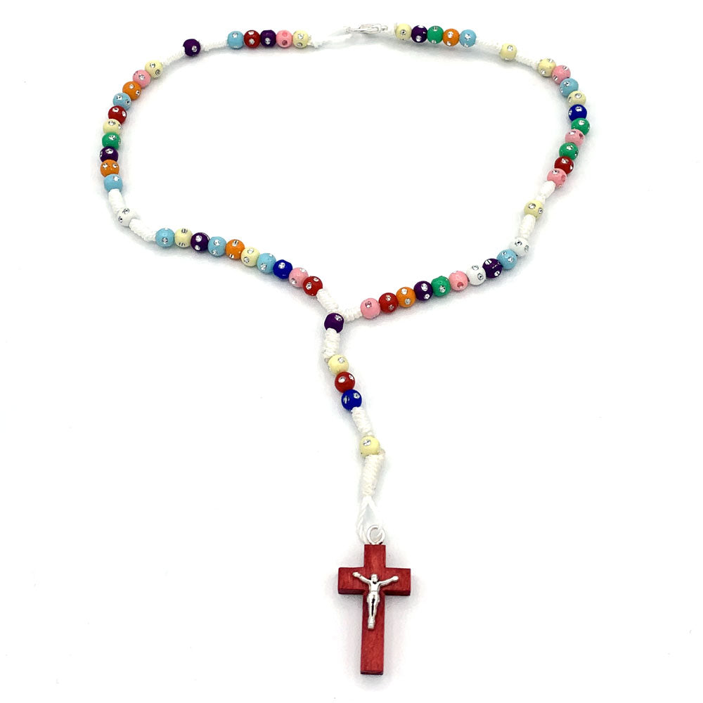 Rosary Necklace Multi-Color Plastic Beads Wooden Red Crucifix