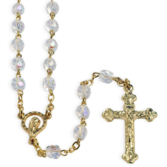 Rosary Clear Crystal Glass Beads Gold Madonna