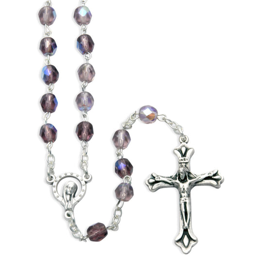 Rosary Amethyst Glass Beads with Iridescent Finish Madonna