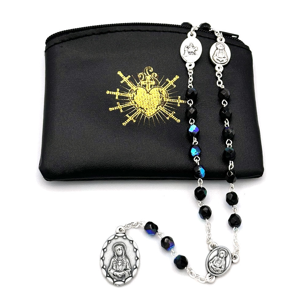 Seven Sorrows of Mary Rosary Chaplet  Black Crystal Beads and Matching Rosary Pouch - Servite Rosary