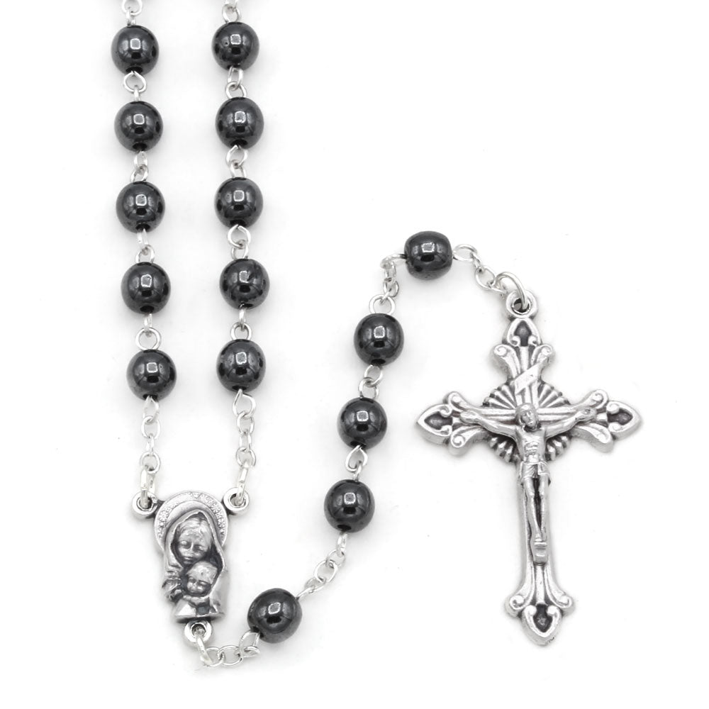 Hematite Beads Rosary Silver Finish Crucifix Madonna