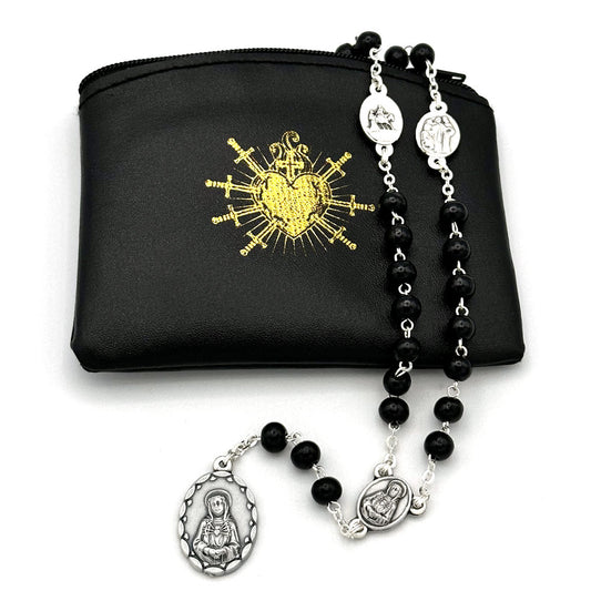 Seven Sorrows of Mary Rosary Chaplet  Black Wood Beads and Matching Rosary Pouch - Servite Rosary