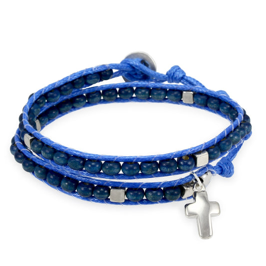 Wrap Around Rosary Bracelet, Ladder Design Blue Wooden Beads