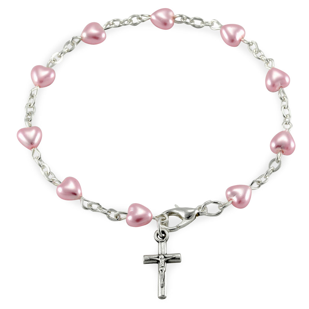 Rosary Silver Bracelet Pink Hearts
