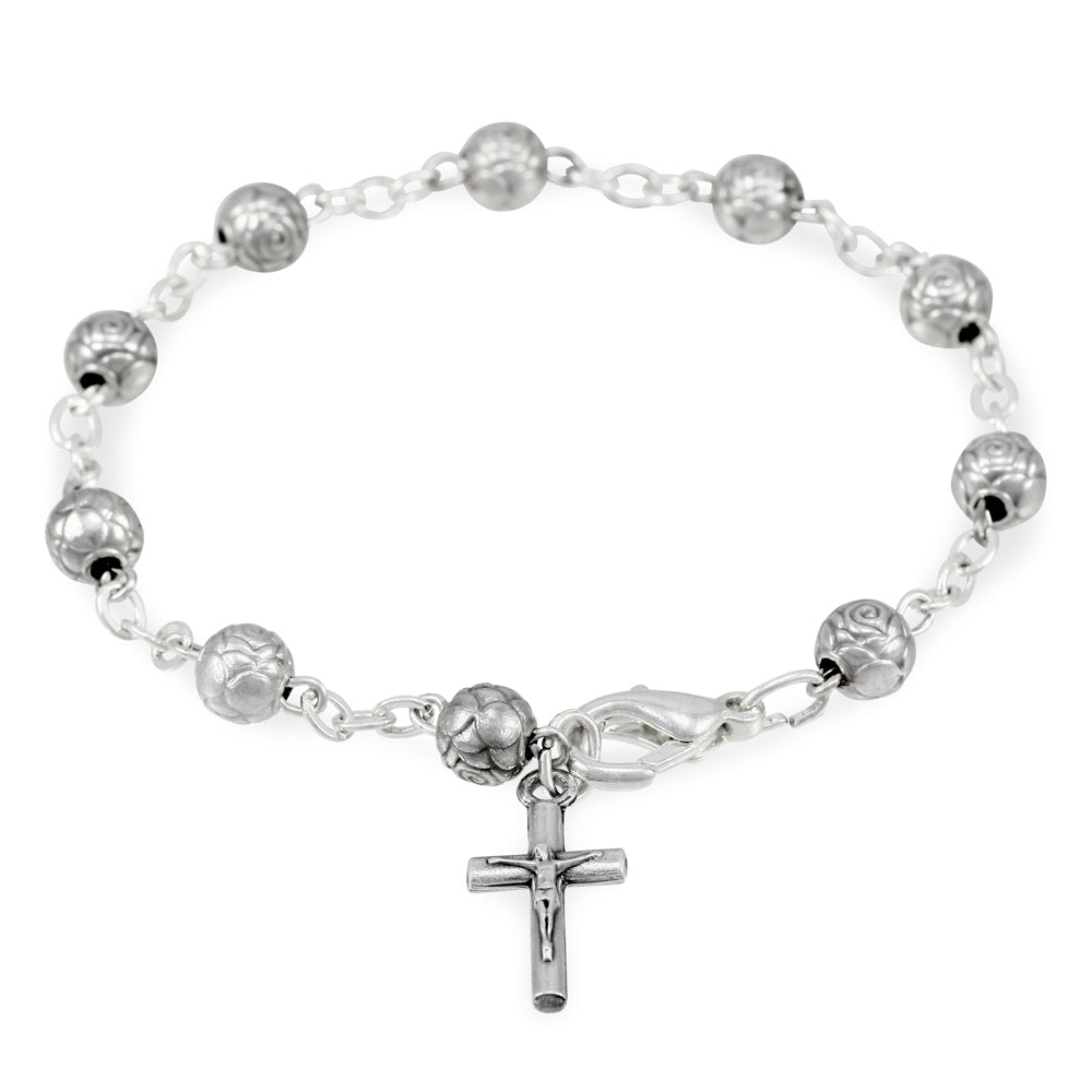 Silver Rosebud Beads Catholic Rosary Bracelet