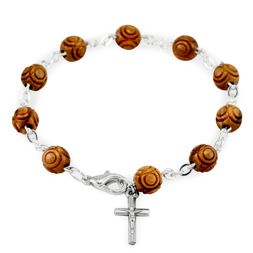Hand Carved Wooden Beads Rosary Catholic Bracelet