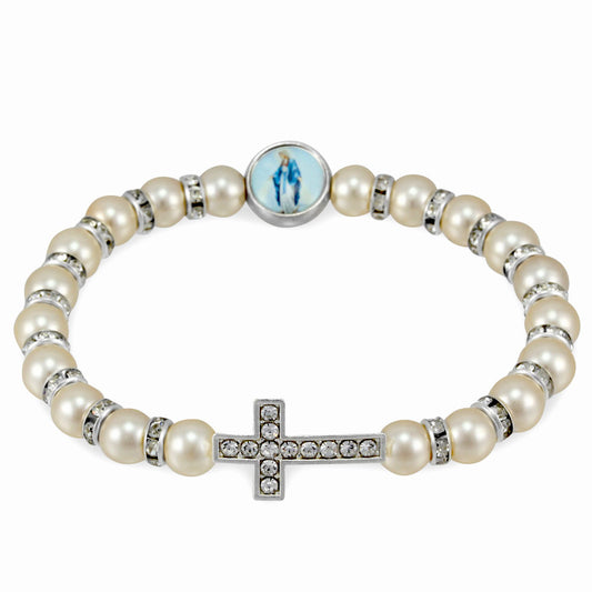 Women's Rosary Bracelet Pearl Beads Miraculous Medal Rhinestone Cross
