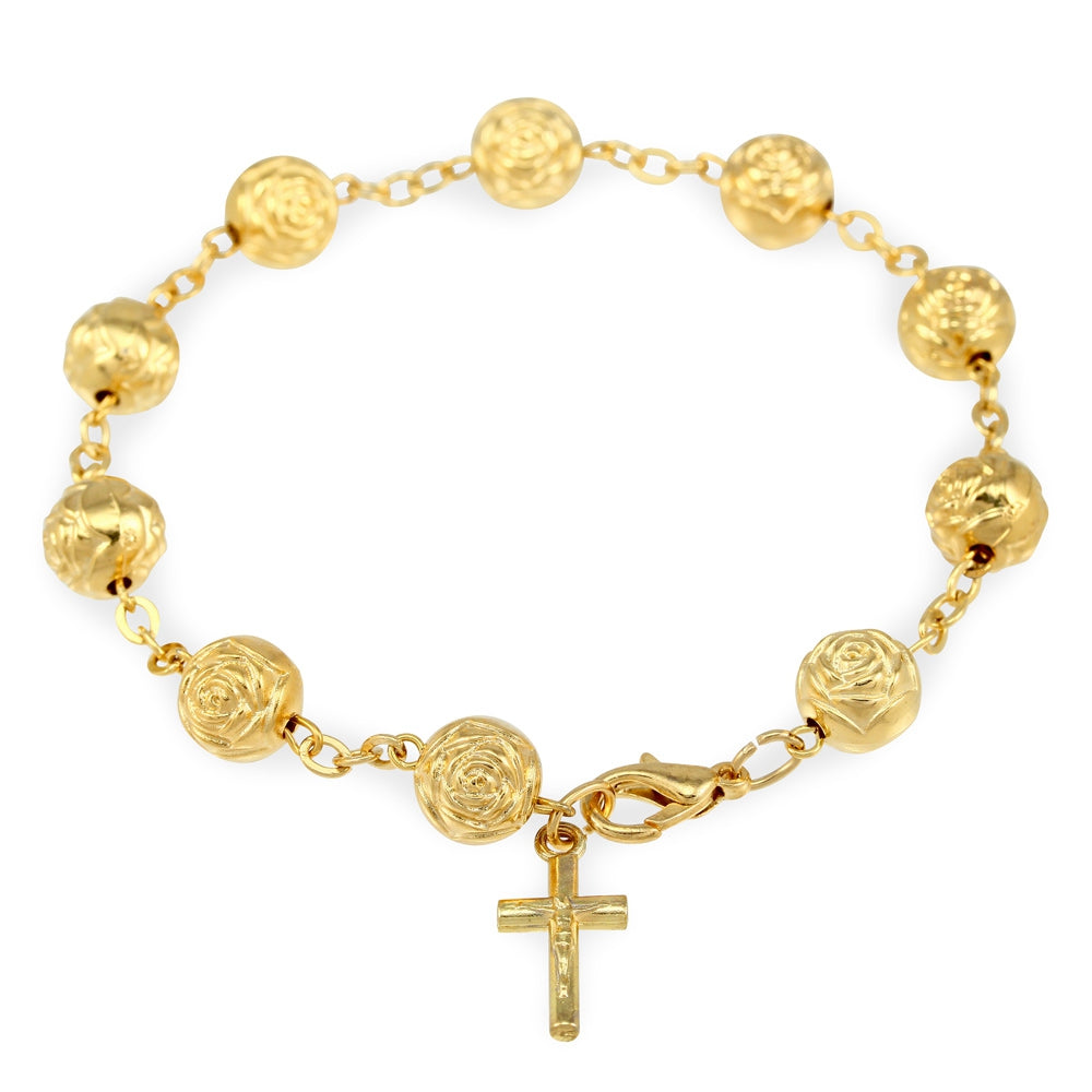 Gold Finish Rosebud Beads Catholic Rosary Bracelet