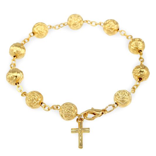 Gold Finish Rosebud Beads Catholic Rosary Bracelet