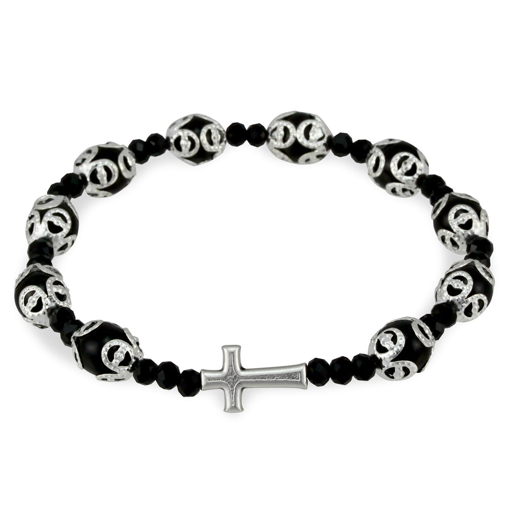 Black Glass Beads Filigree Rosary Bracelet