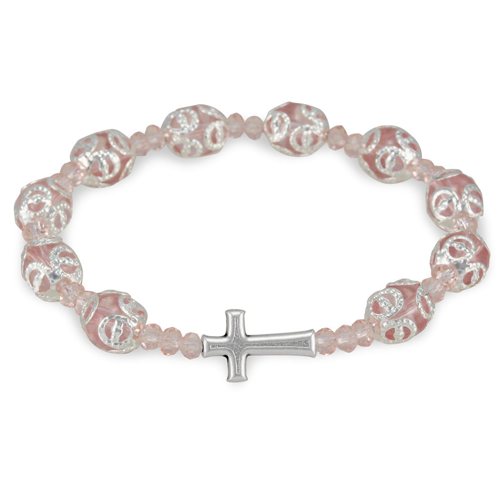 Pink Glass Beads Filigree Rosary Bracelet
