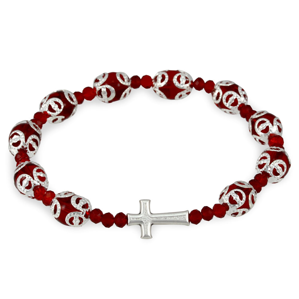 Rosary Bracelet Red Filigree Capped Glass Beads