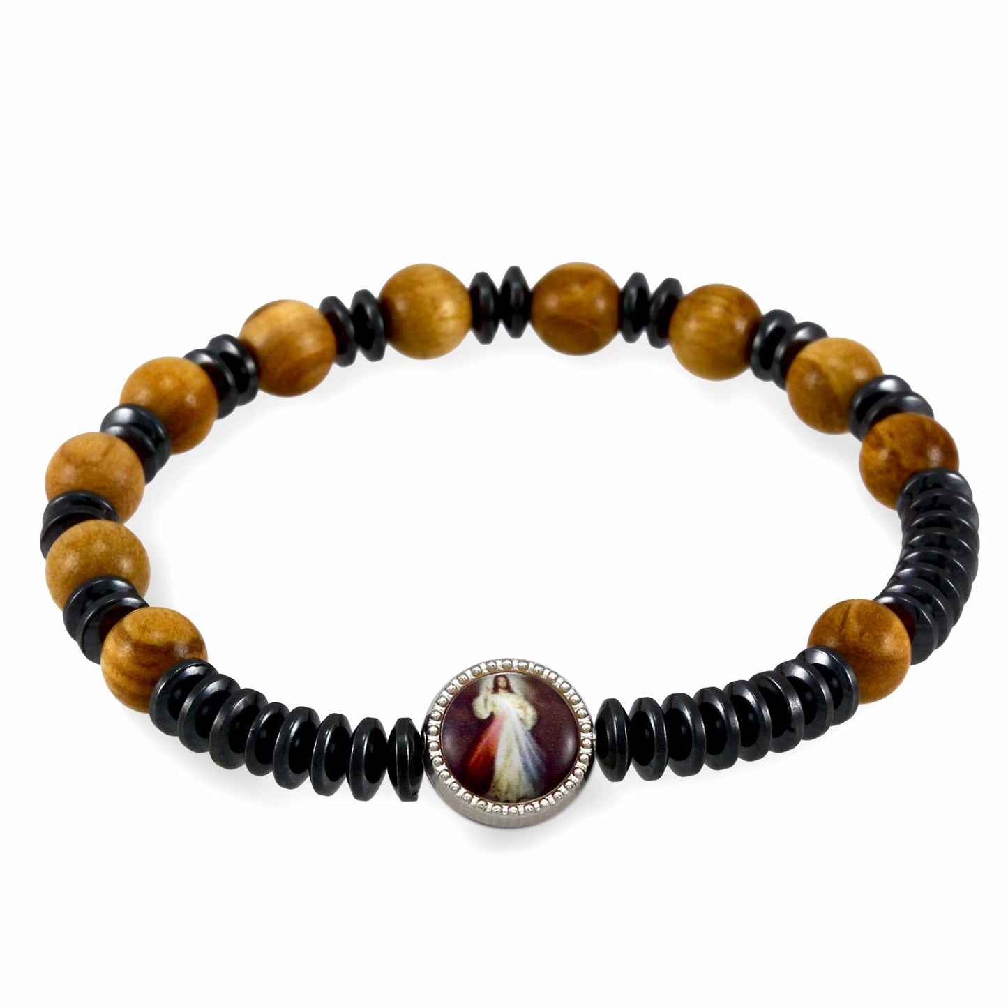 Olive Wood Rosary Bracelet Divine Mercy Medal For Men and Women