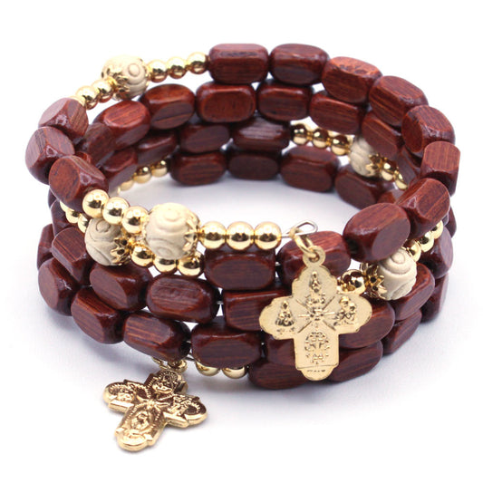 Wrap Around Rosary Bracelet with Rectangular Wooden Beads