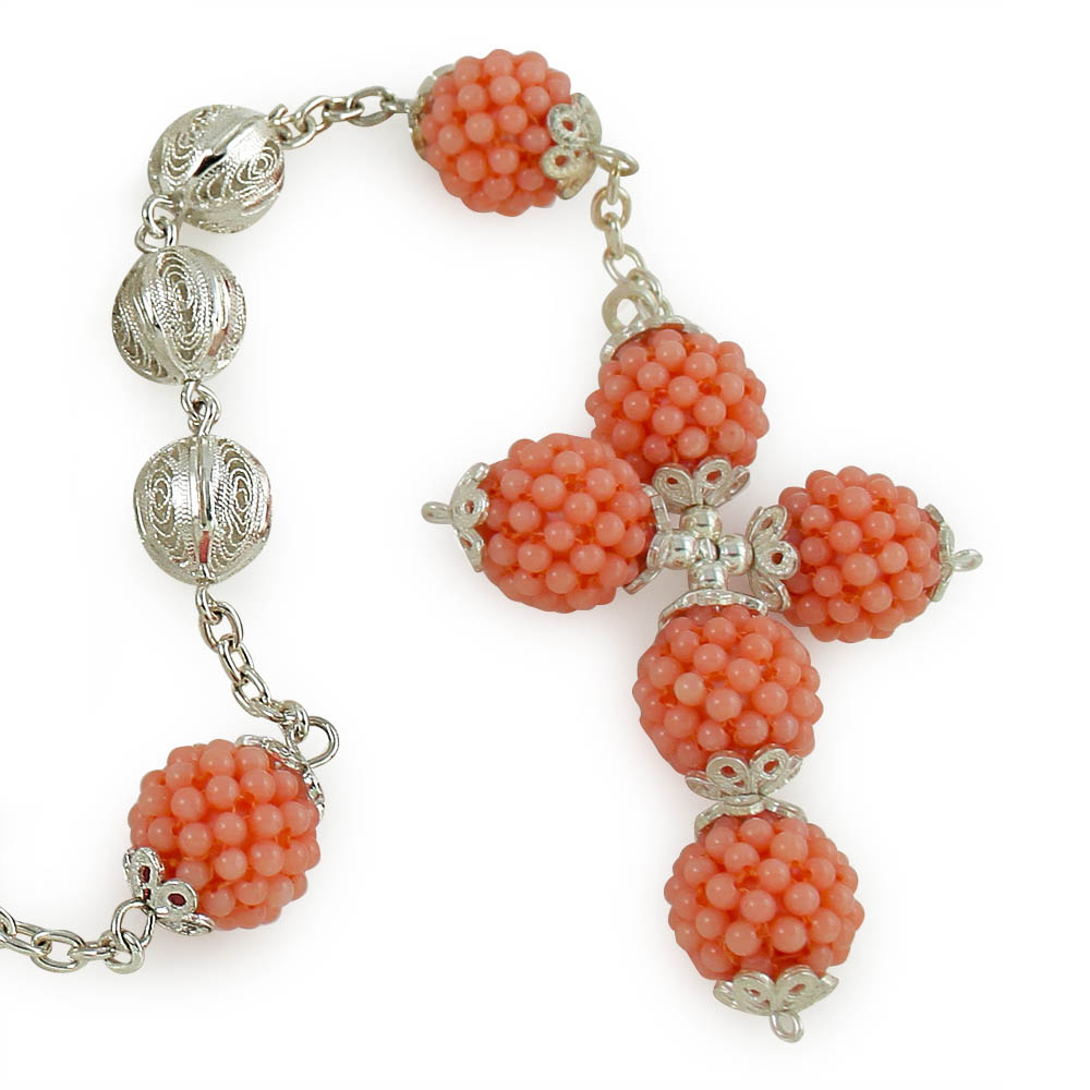 Catholic Rosary Coral Sterling Silver