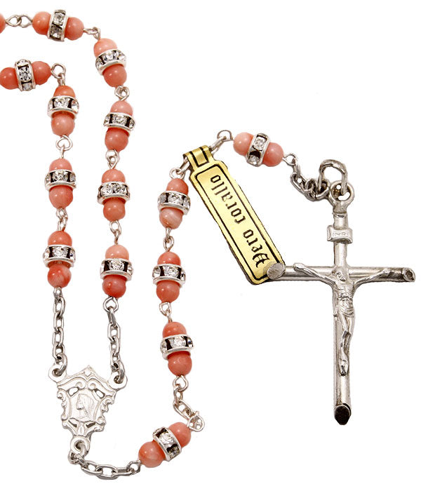 Coral Pearl Beads w/ Crystal Rings and Sterling Silver Catholic Rosary