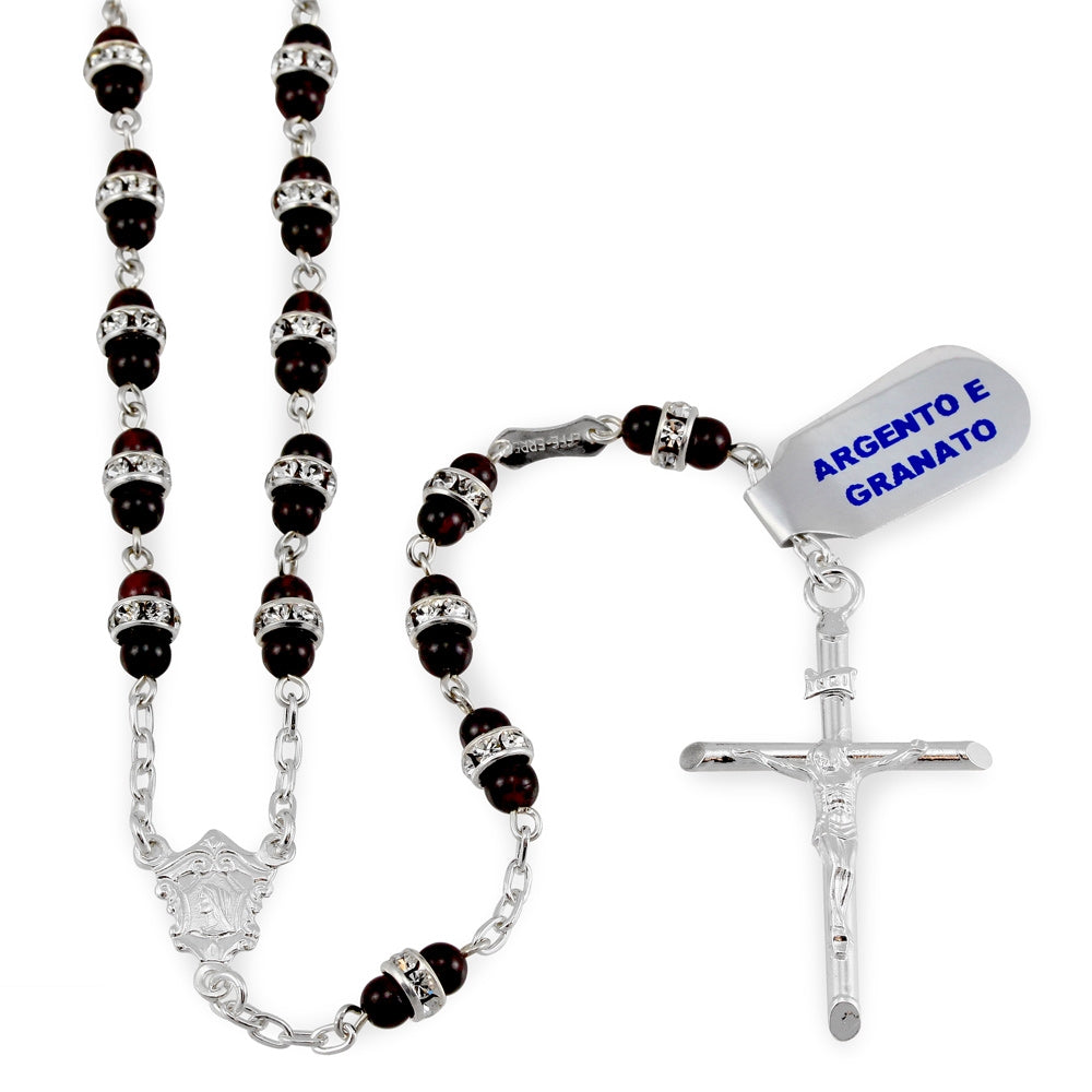 Garnet Beads Rosary with Zirconium Rondelles and Sterling Silver