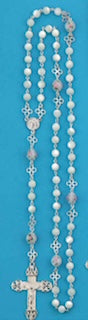 Mother of pearl, glass rosebud Our Father beads, Silver Filigree Crucifix 9-1548