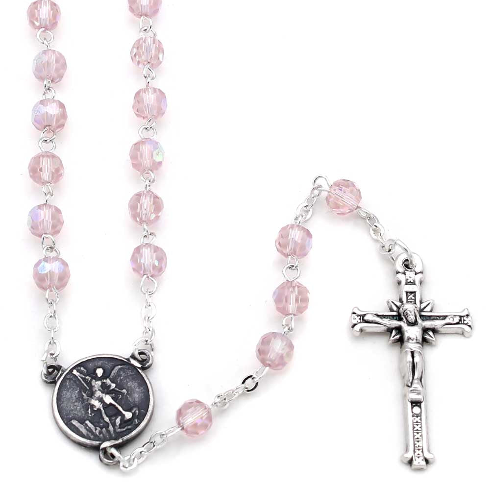 St. Michael Rosary Pink Crystal Beads