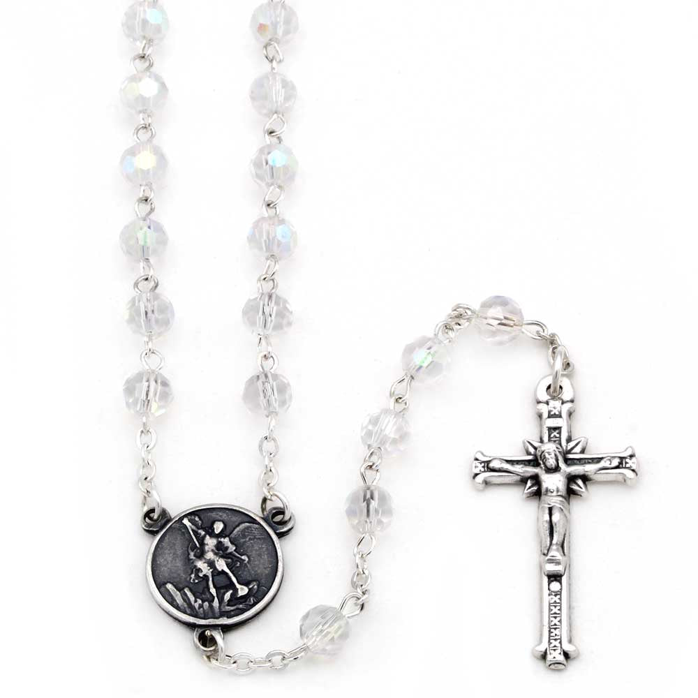 St. Michael Clear Crystal Beads Rosary