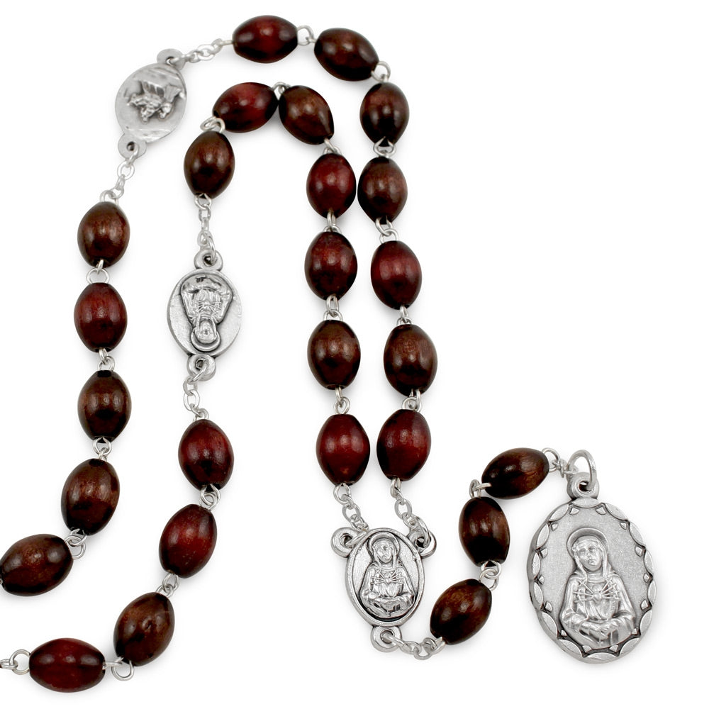 Seven Sorrows of Mary Rosary Chaplet Oval  Brown Wooden Beads - Servite Rosary