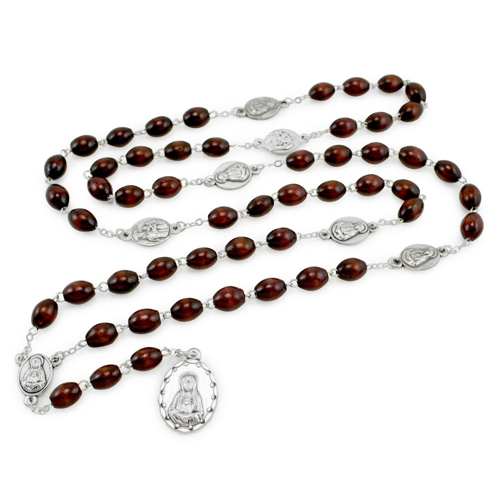 Seven Sorrows of Mary Rosary Chaplet Oval  Brown Wooden Beads