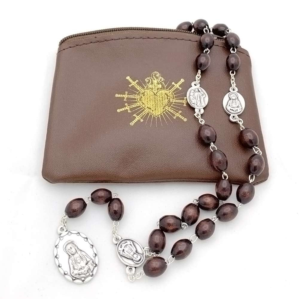 Seven Sorrows of Mary Rosary Chaplet Oval  Brown Wooden Beads with pouch - Servite Rosary