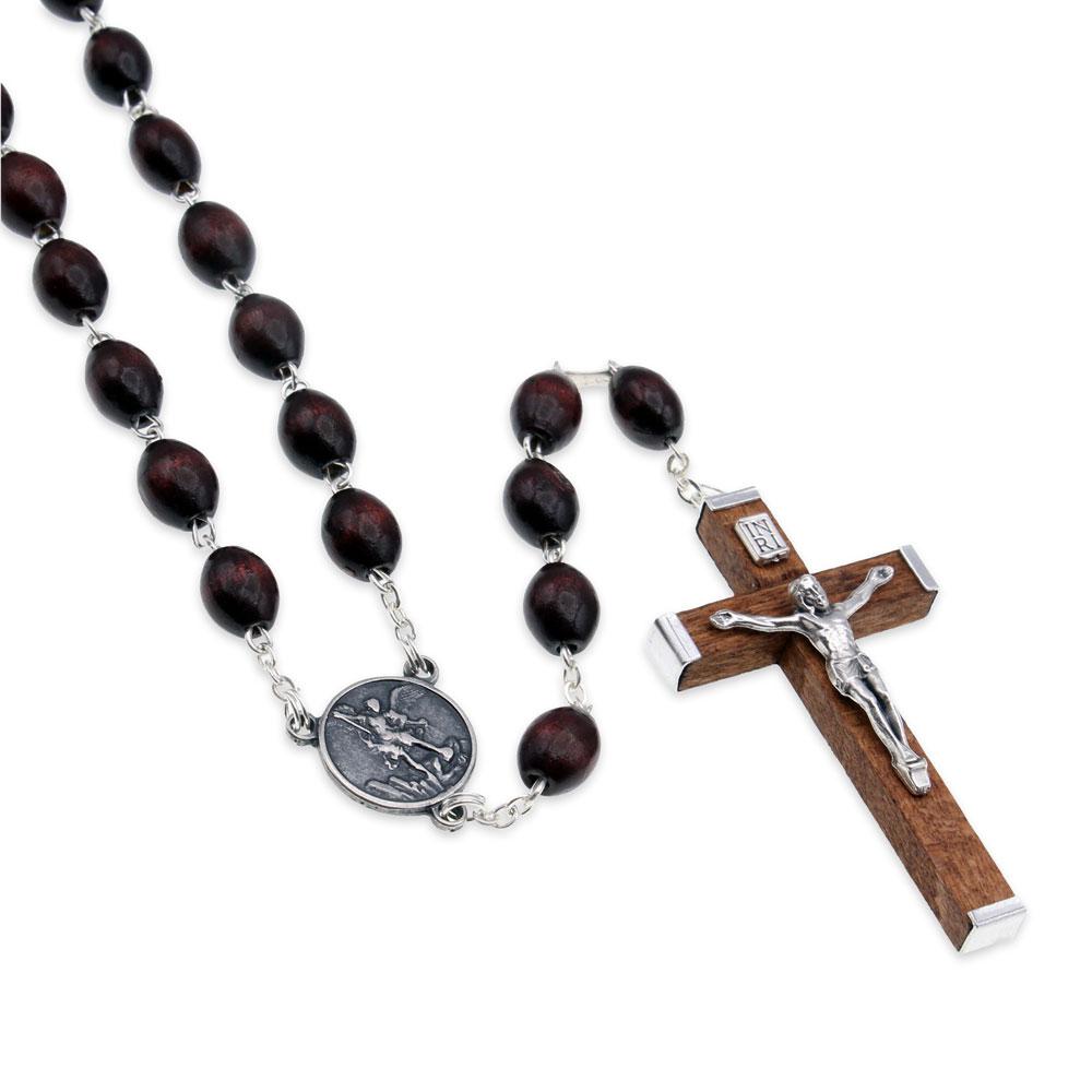 St. Michael Rosary Large Brown Wooden Beads